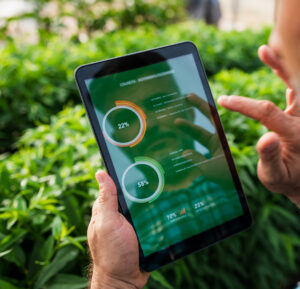 Man on iPad in crop field