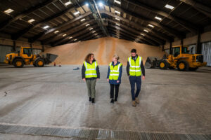 Sarah Bell of Cefetra, Deputy First Minister Shona Robison and Ian Muirhead of Agricultural Industries Confederation tour Ormiston grain facility