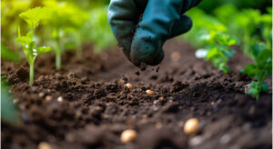 A hand is placing seed in the soil