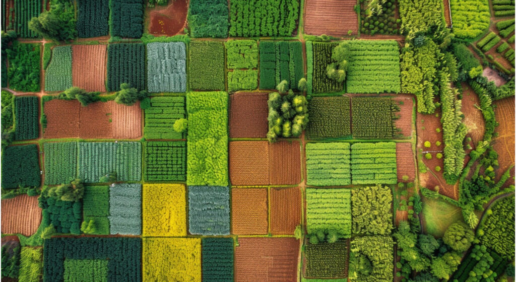 Field from above showing different squared crops