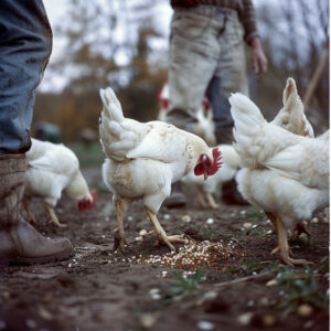 Chickens eating between two men legs