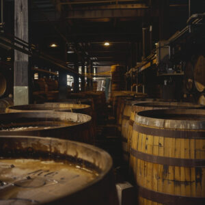 Cellar full of wooden barrels