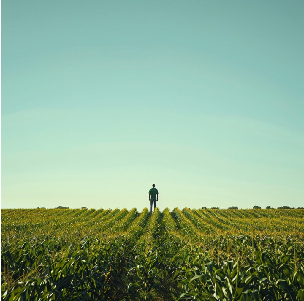 Man standing at the edge of a green field facing the blue sky