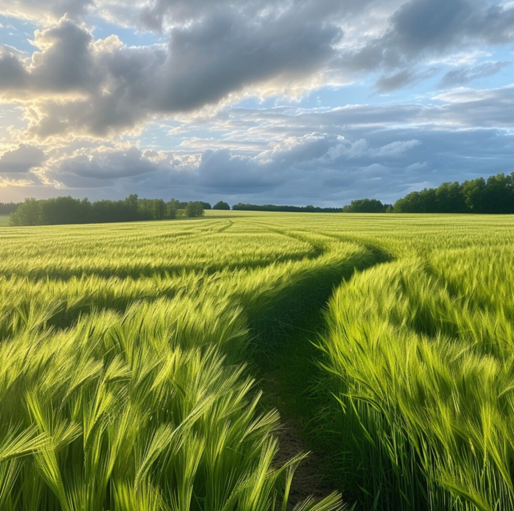 Green field with a cloudy sky