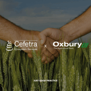 Logo of Cefetra Ecosystem Services and Oxbury to symbolize the partnership. Behind there are two hands doing a handshake.