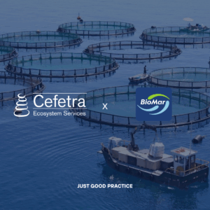 Logo of Cefetra Ecosystem Services and BioMar to represent the partnership. Behind there is the see and tanks to symbolize the aquafeed industry